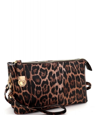 Leopard Print Push-Lock Cross Body LE020B BROWN